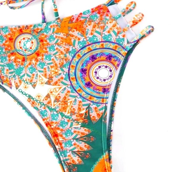 Callie Gypsy Sleeve: Multicolor Paisley Padded Plunge V-Neck Wrap Around Bikini - Picture 6 of 17